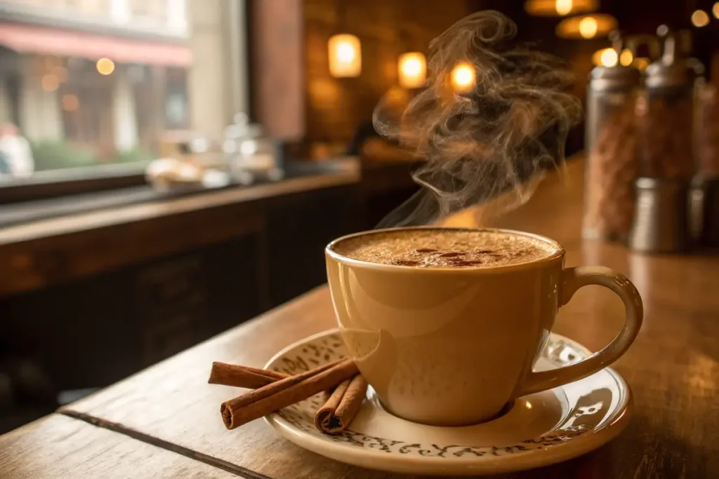 Steaming Dirty Chai Tea Latte with Cinnamon in a Café