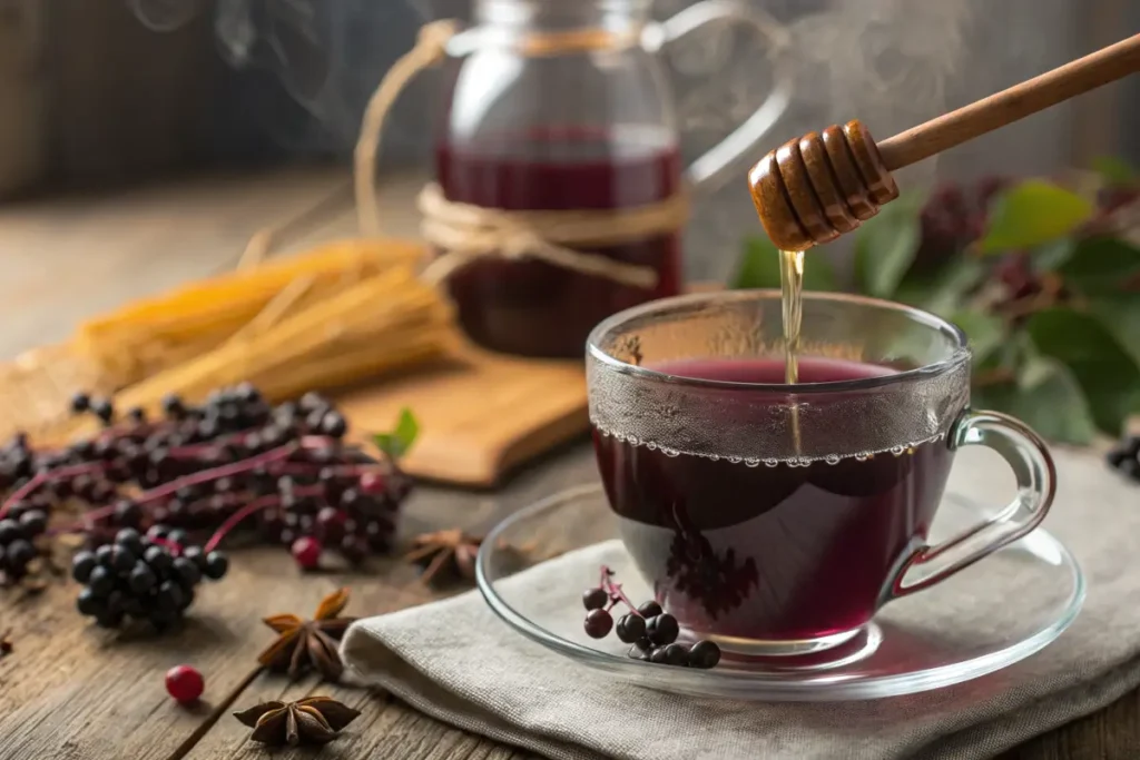 A steaming cup of elderberry tea with dried elderberries and honey.