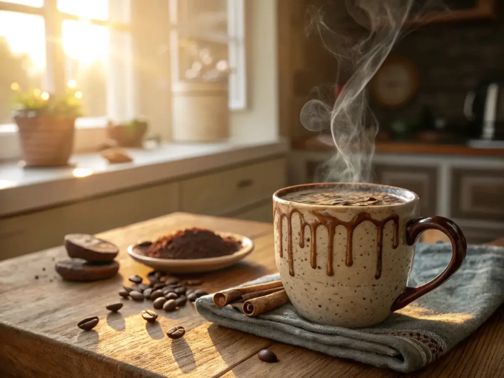 Steaming cup of mocha coffee with chocolate syrup on a rustic wooden table.