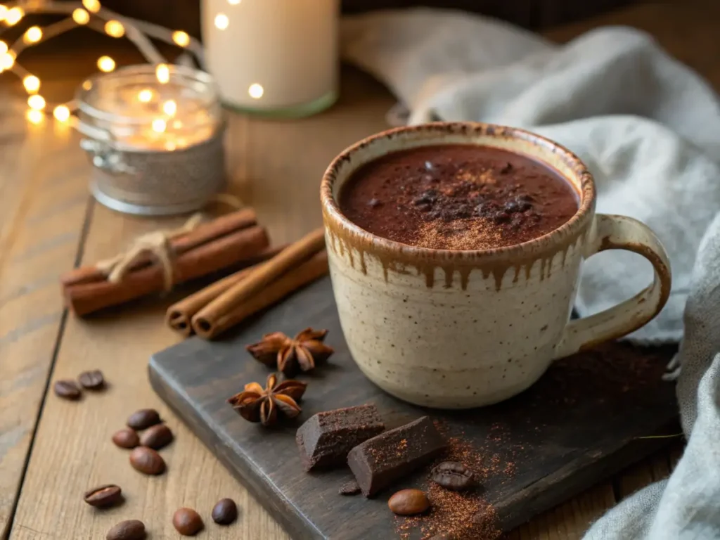 A warm mug of protein hot chocolate topped with cocoa powder.