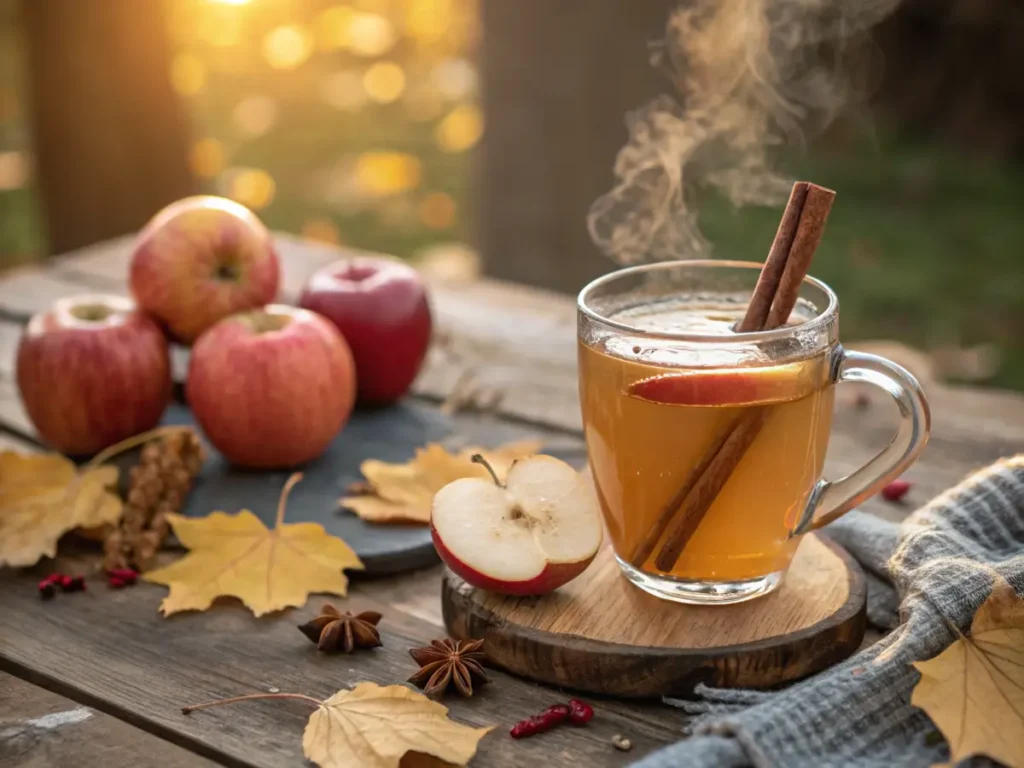 A steaming mug of Crockpot Apple Cider garnished with a cinnamon stick and apple slices.