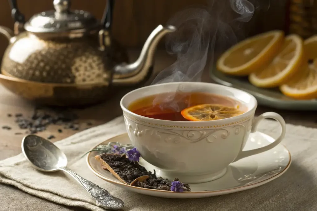 A steaming cup of Grey Lady Tea with citrus and floral notes.