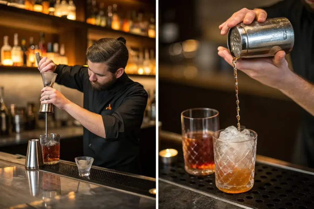 Step-by-step process of making a Black Tea Shot, including pouring, shaking, and serving.