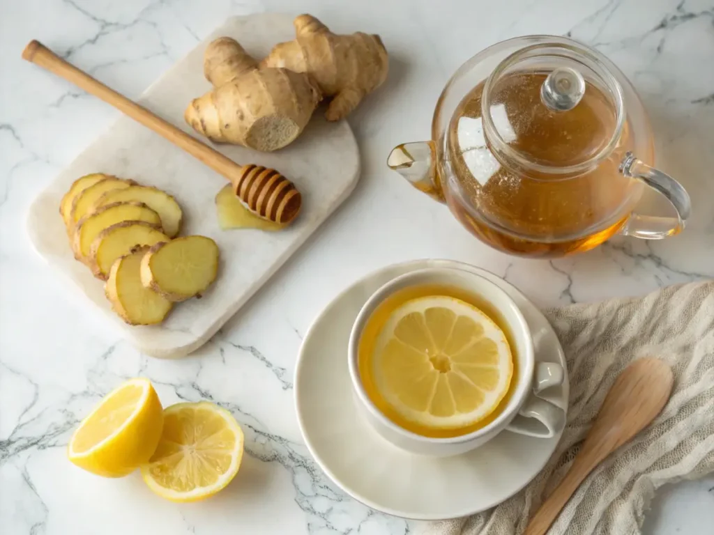 Ingredients for making ginger and lemon water with honey.