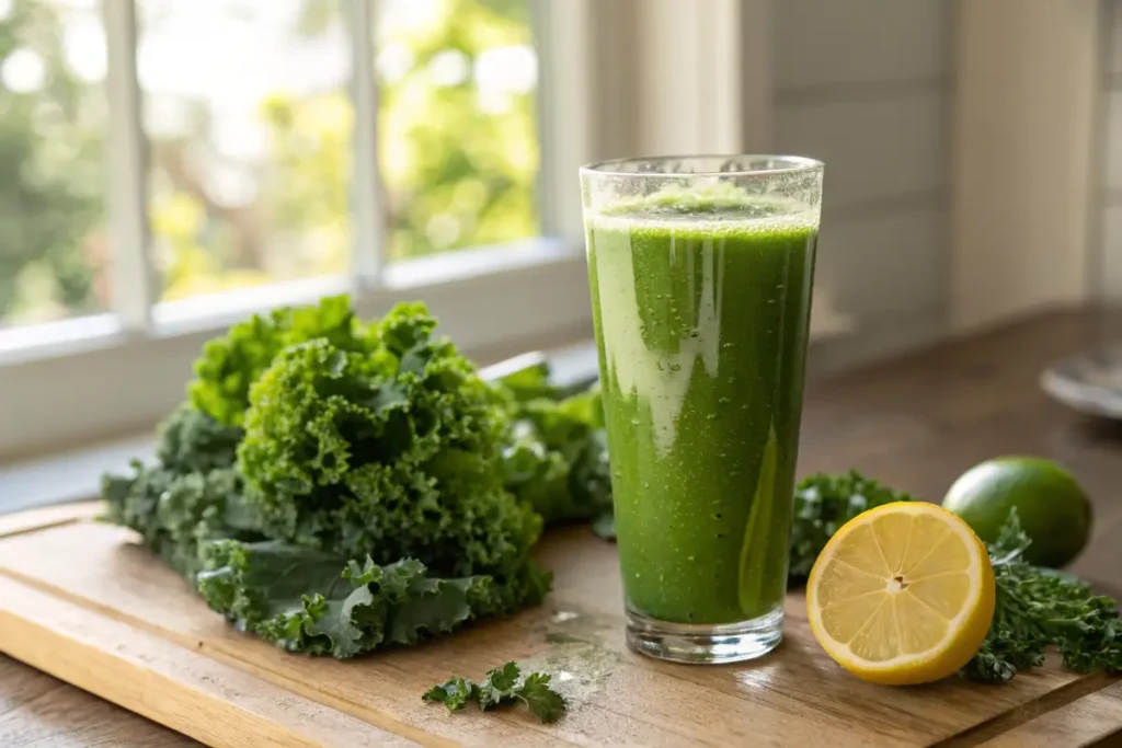 Freshly made kale juice in a glass with condensation