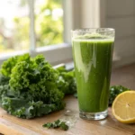 Freshly made kale juice in a glass with condensation