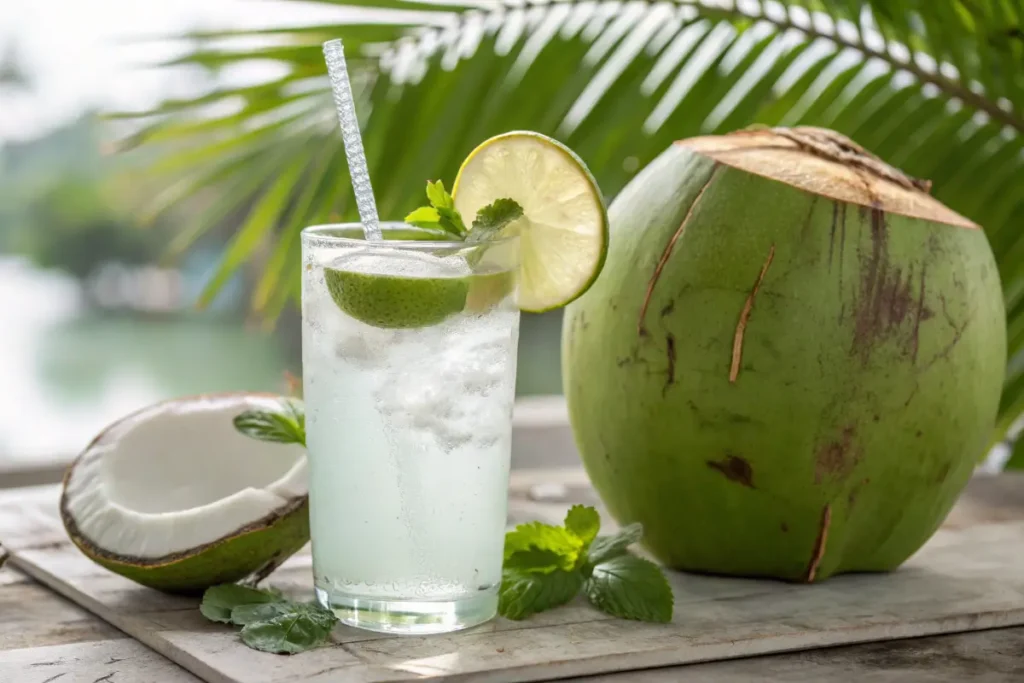 A refreshing glass of coconut water drink with fresh coconut.