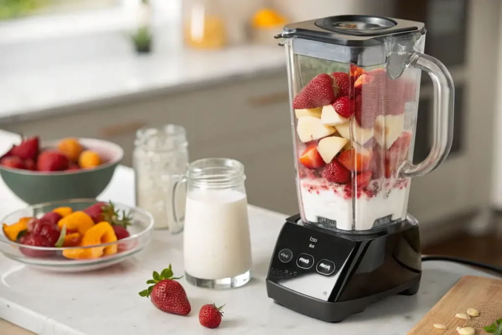 Blender Filled with Strawberries, Peaches, and Yogurt
