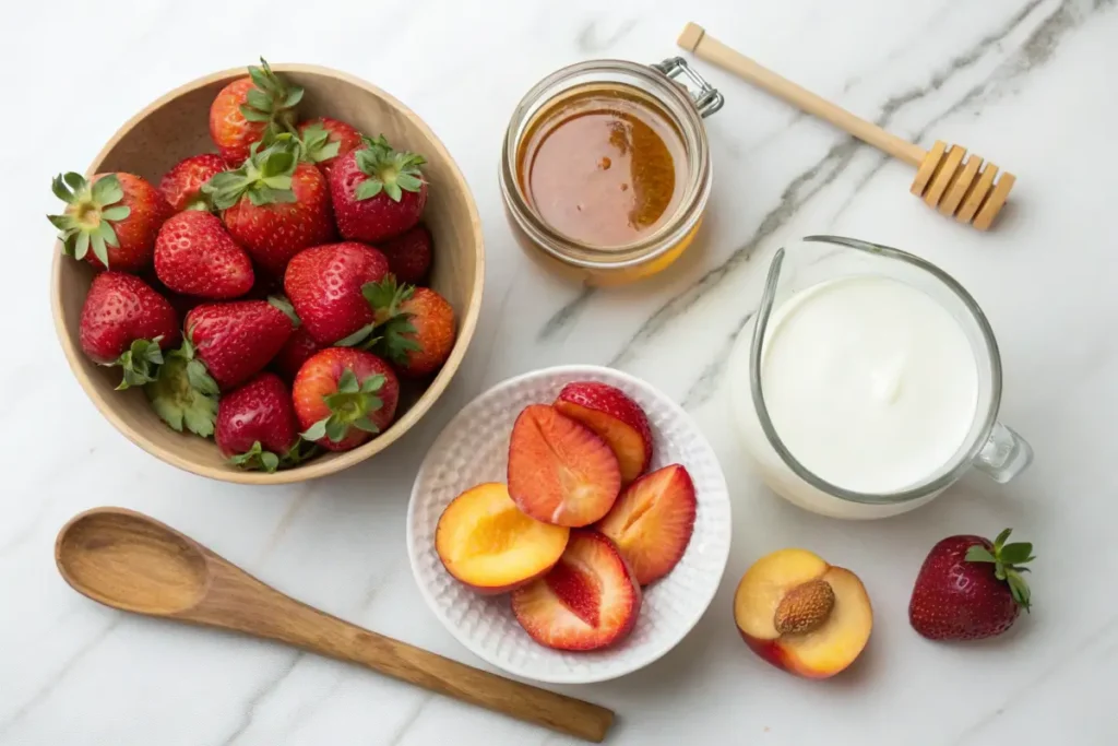 Ingredients for a Strawberry Peach Smoothie on a Marble Counter