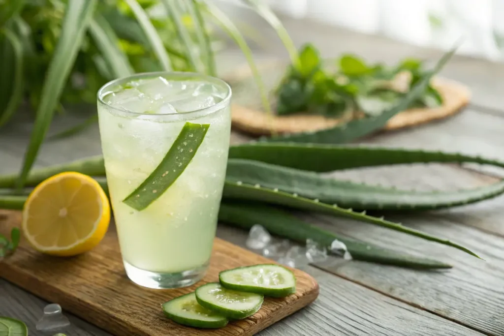 A refreshing glass of aloe vera drink with aloe leaves and lemon.