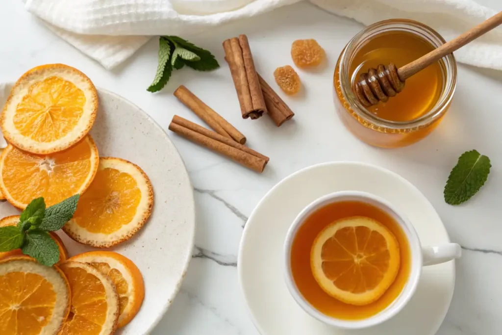 Fresh and dried orange peels with honey and cinnamon sticks.