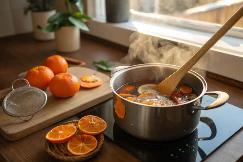 A pot of boiling water with orange peels inside.