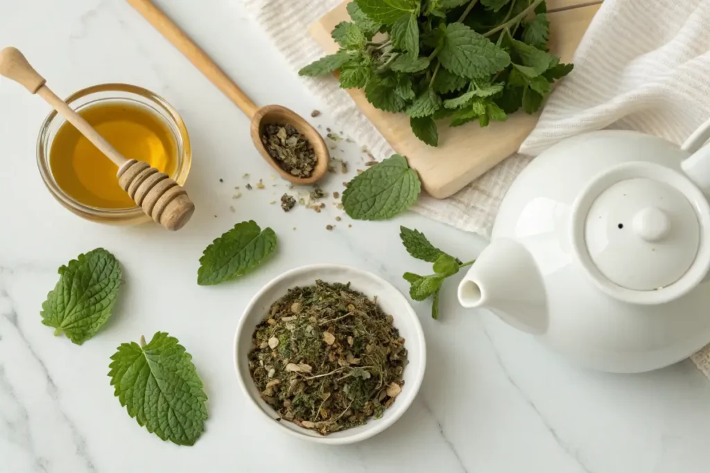 Fresh and dried lemon balm leaves with honey and a teapot.