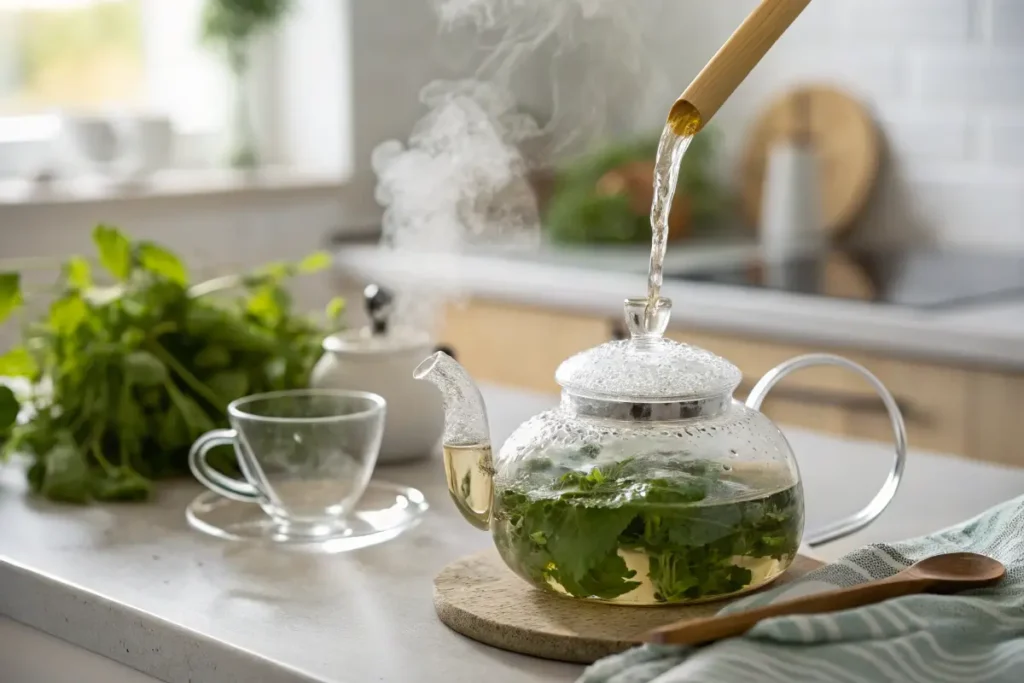 Boiling water being poured over fresh lemon balm leaves.