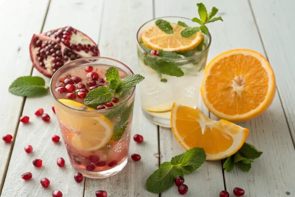 Minty pomegranate spritzer and citrus-infused pomegranate water