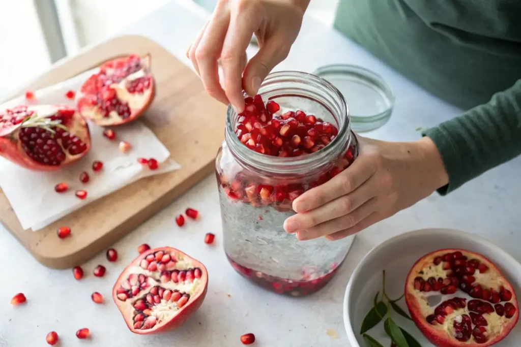 Close-up of preparing homemade pomegranate water