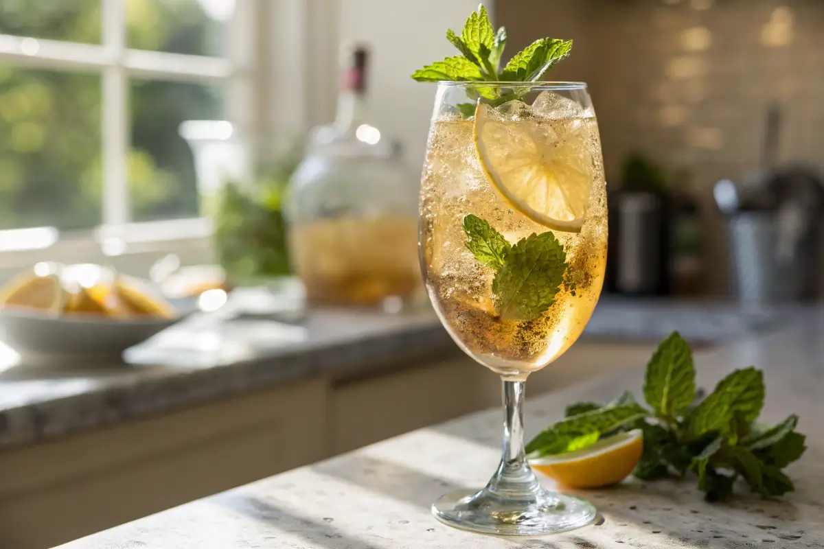 A glass of sparkling non-alcoholic white tea with lemon and mint.