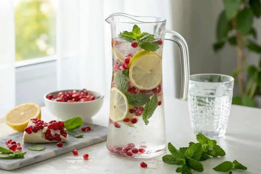 Pitcher of pomegranate water infused with lemon and mint