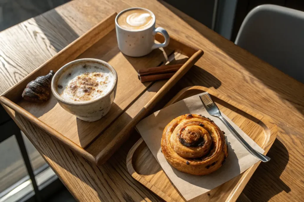 Dirty Chai Tea Latte with a Cinnamon Roll and Croissant
