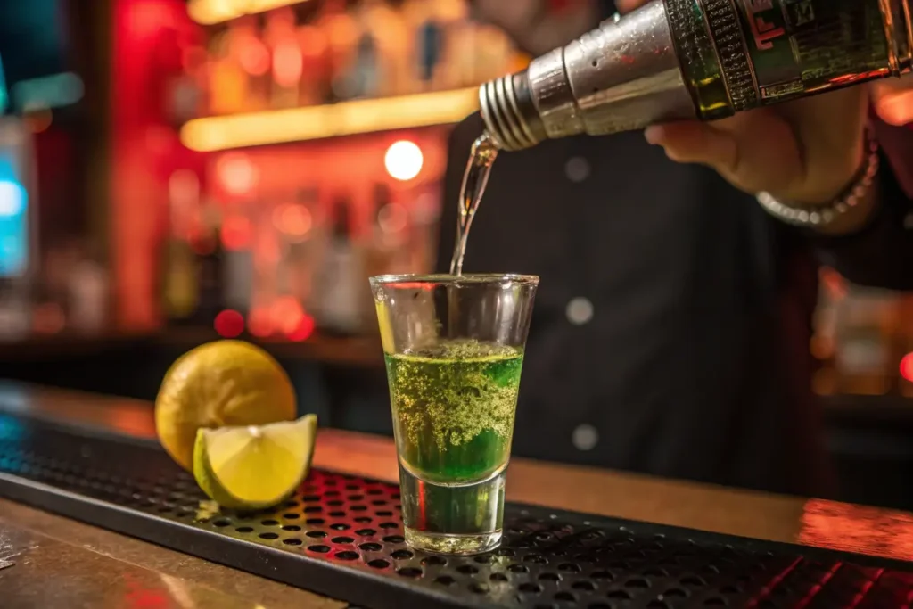 Green Tea Shot being poured into a glass at a bar.