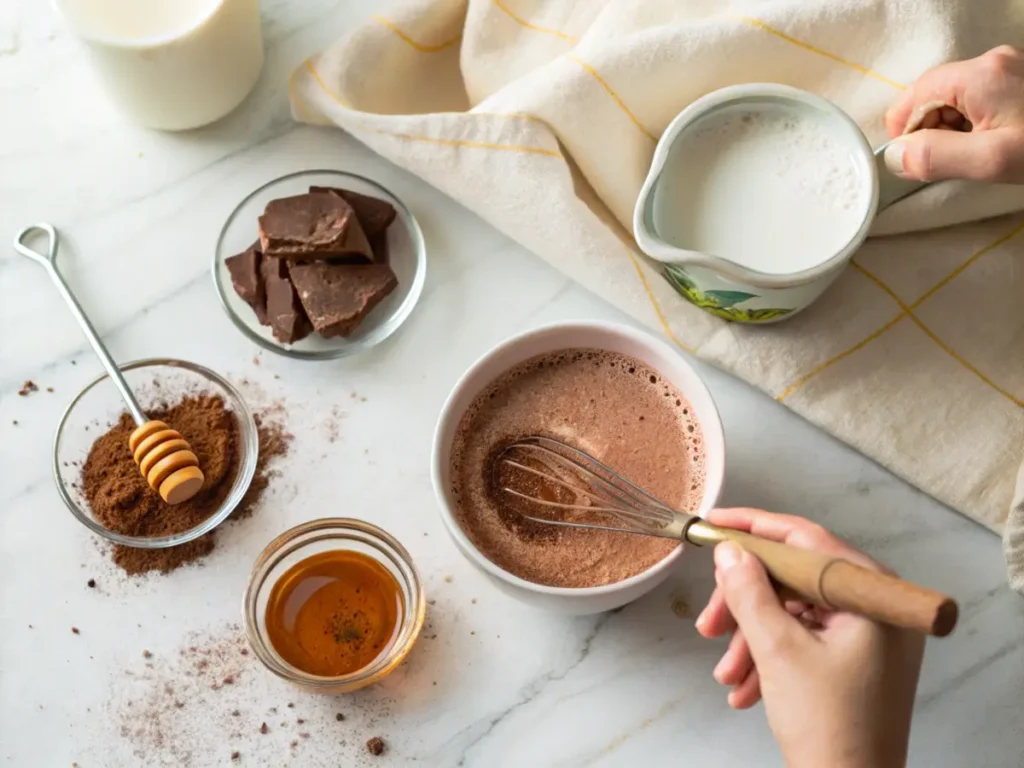 Ingredients for making homemade protein hot chocolate.