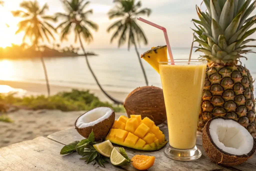 Tropical smoothie with fresh fruits on a beach