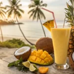 Tropical smoothie with fresh fruits on a beach