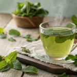 A steaming cup of peppermint tea with fresh leaves on a rustic table.