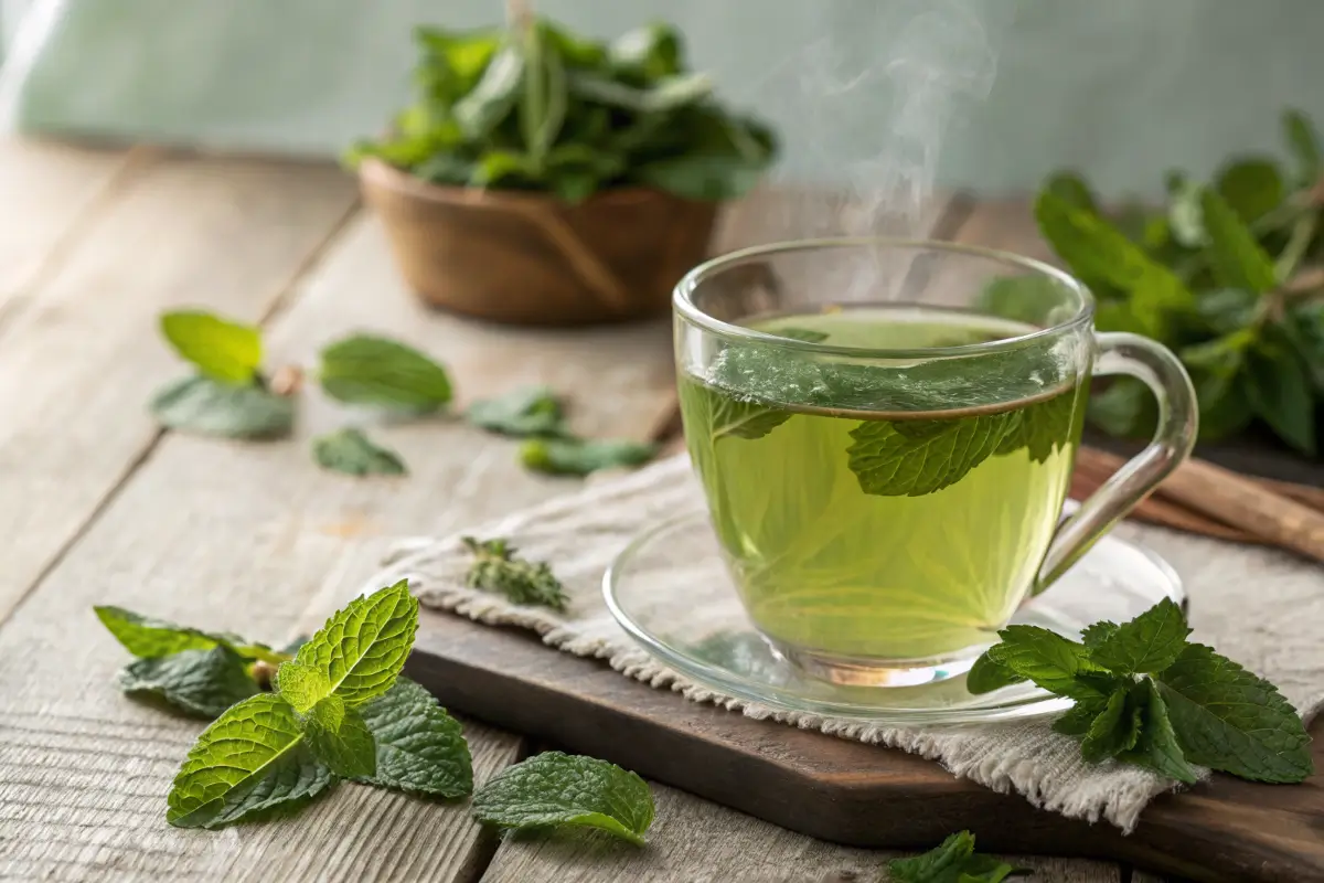 A steaming cup of peppermint tea with fresh leaves on a rustic table.