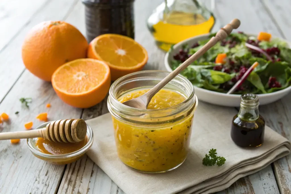 A jar of homemade orange vinaigrette with fresh ingredients.