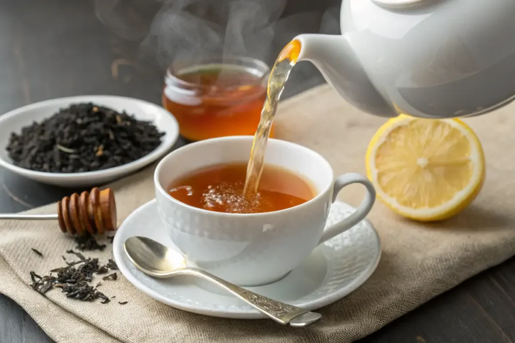 Tea being poured from a teapot into a porcelain teacup.