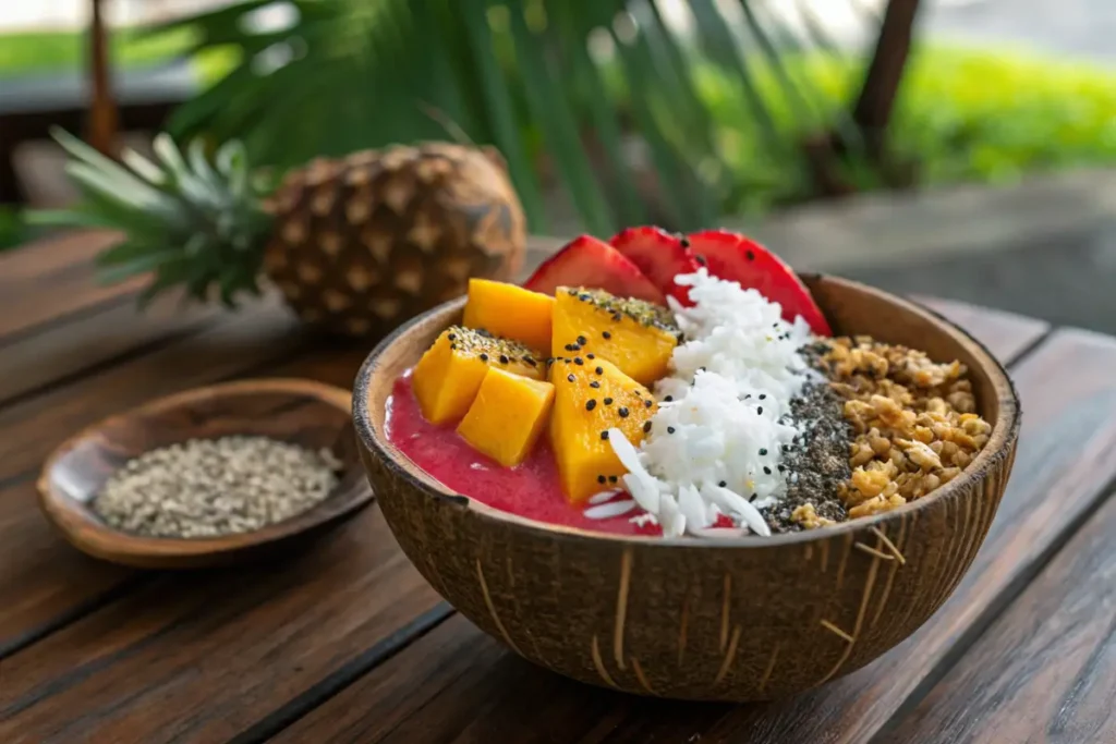 Tropical smoothie bowl with mango, coconut, and granola