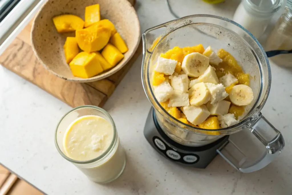 Blending a tropical smoothie with mango, pineapple, and banana