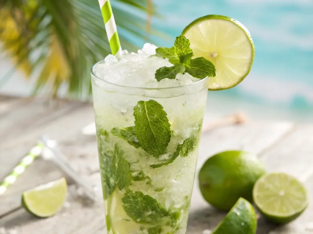 Mojito cocktail made with fresh lime juice bottle