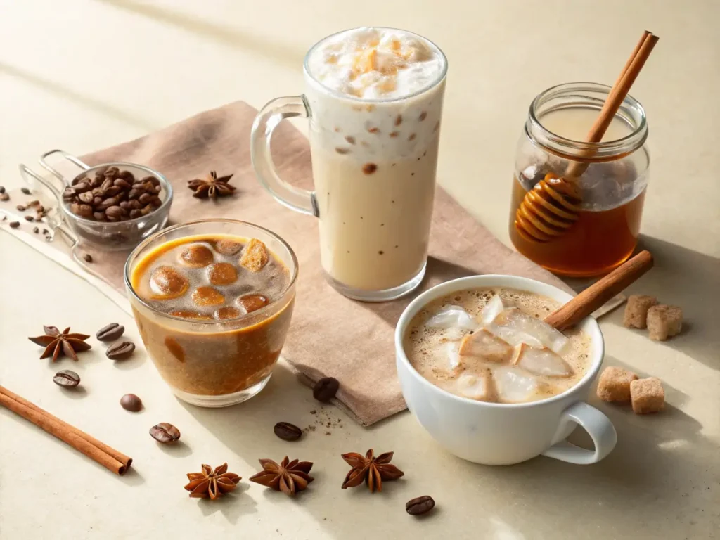 Three variations of Dunkin' Donuts chai tea: hot, iced, and vanilla.