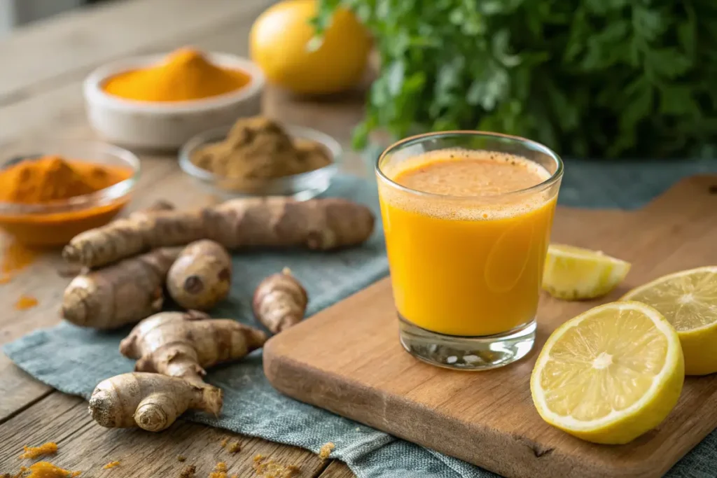 Freshly made ginger turmeric lemon shot in a glass.