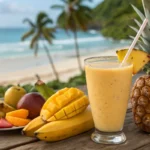 Tropical smoothie with fresh fruits on a wooden table.