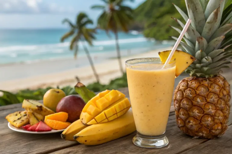 Tropical smoothie with fresh fruits on a wooden table.