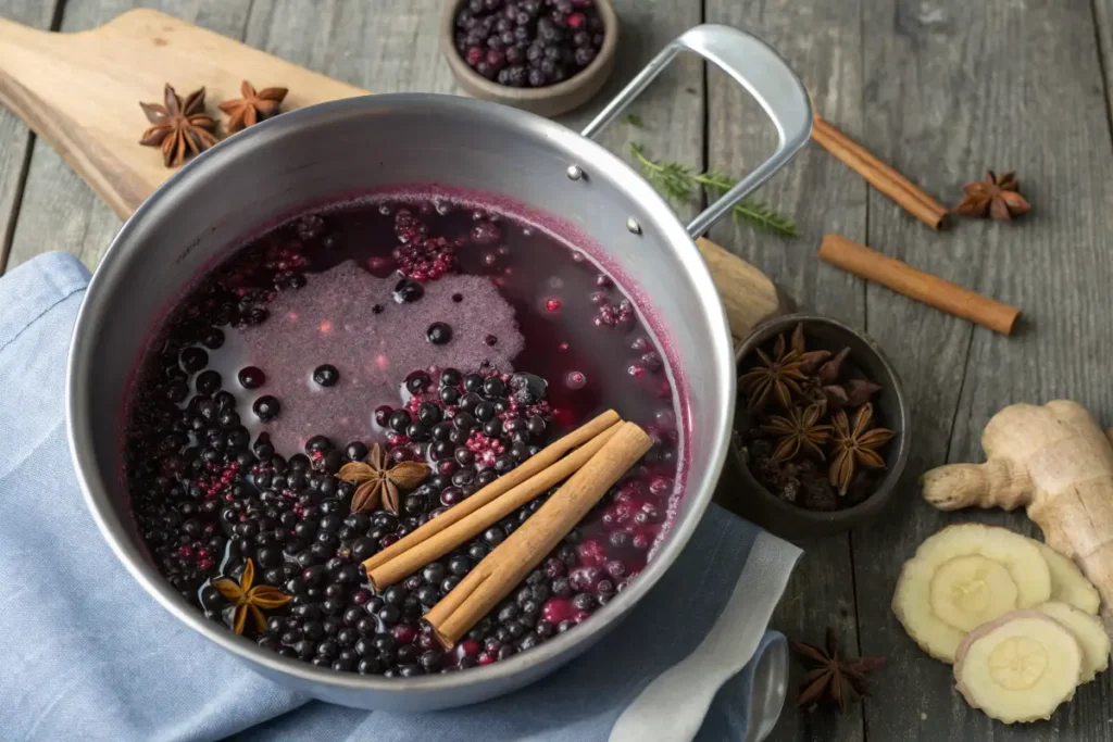 Elderberries, cinnamon, and ginger simmering in a saucepan.
