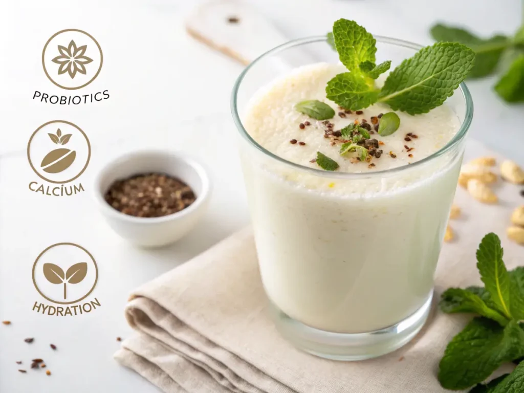 Lassi with mint and cardamom, highlighting health benefits.