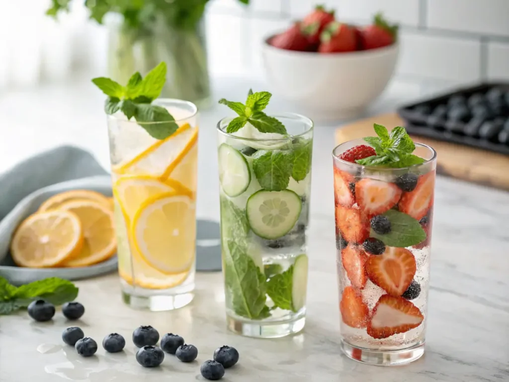 Three variations of lemon and cucumber water with fruits and herbs