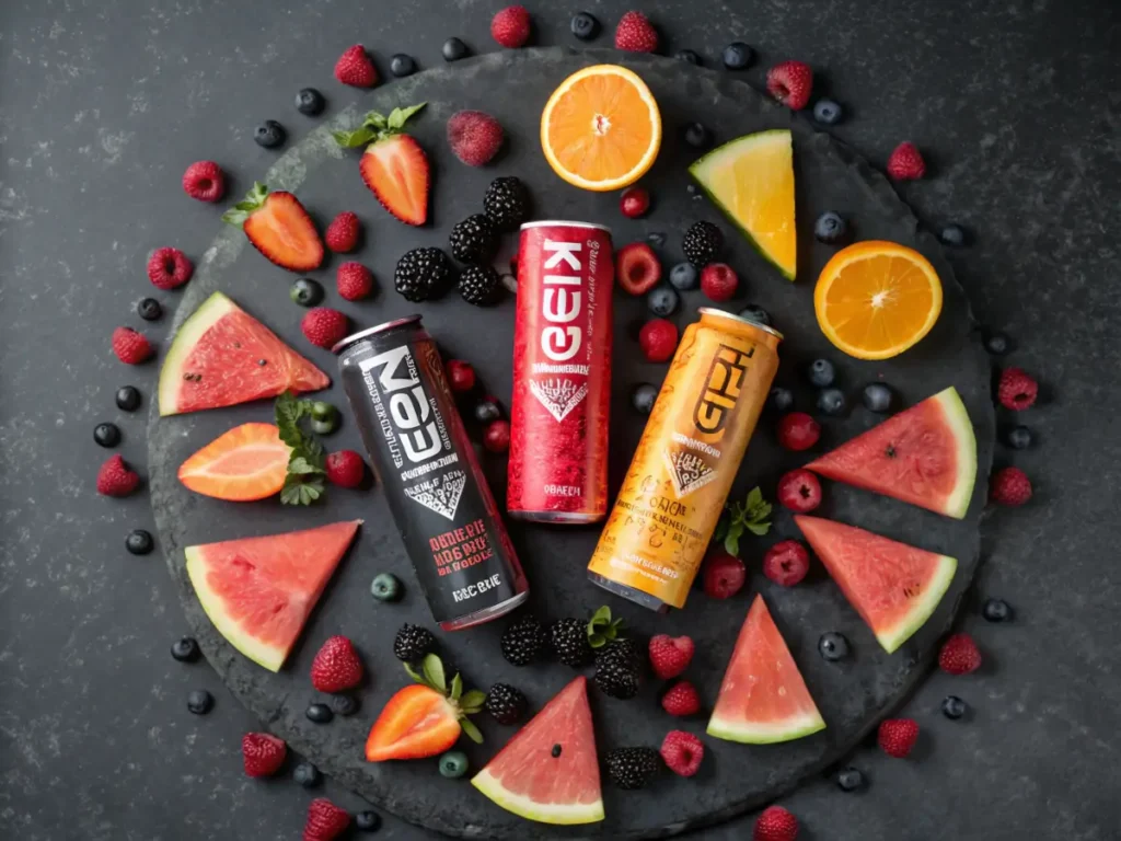 Different flavors of Reign Energy Drink arranged in a flat lay with fresh fruits.