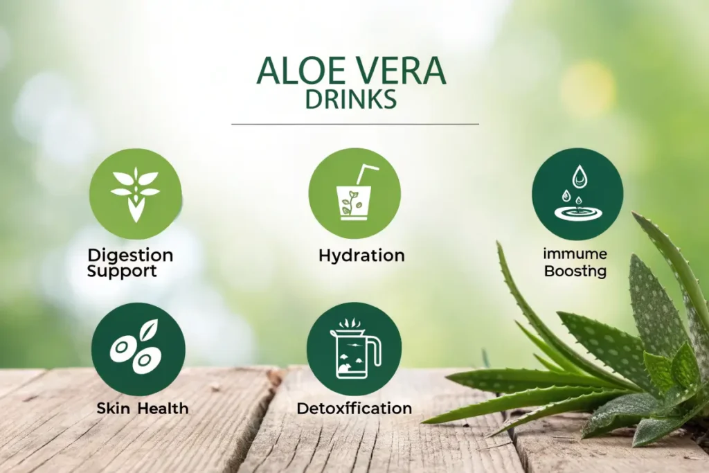 Infographic showing the top health benefits of aloe vera drinks.