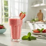 Creamy strawberry smoothie in a glass with fresh strawberries and mint garnish