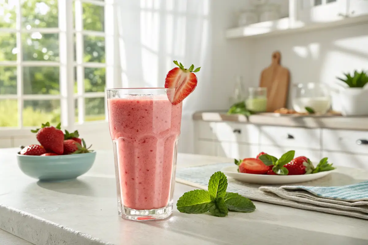 Creamy strawberry smoothie in a glass with fresh strawberries and mint garnish