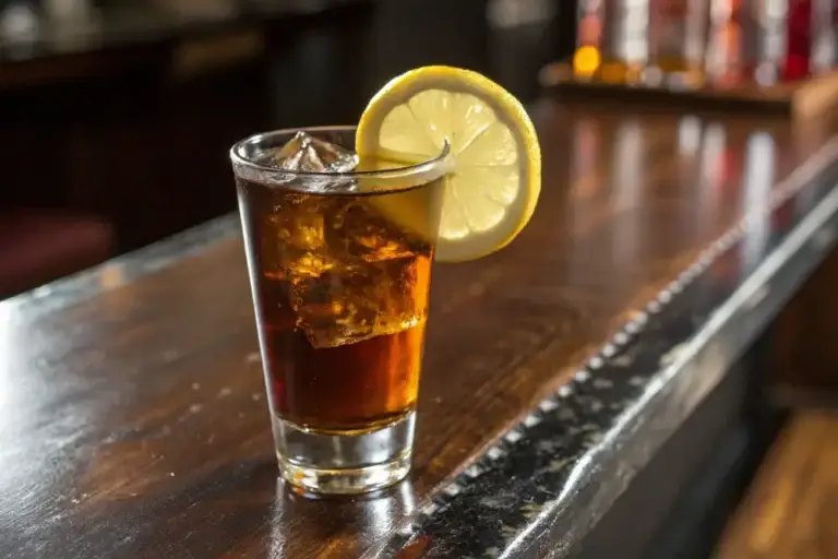Frosted shot glass of golden-brown Black Tea Shot, garnished with a lemon wheel on a rustic bar top