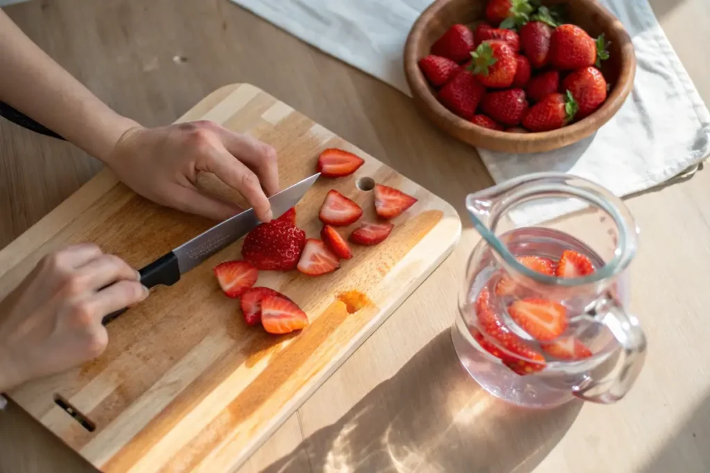 Slicing fresh strawberries for strawberry water	