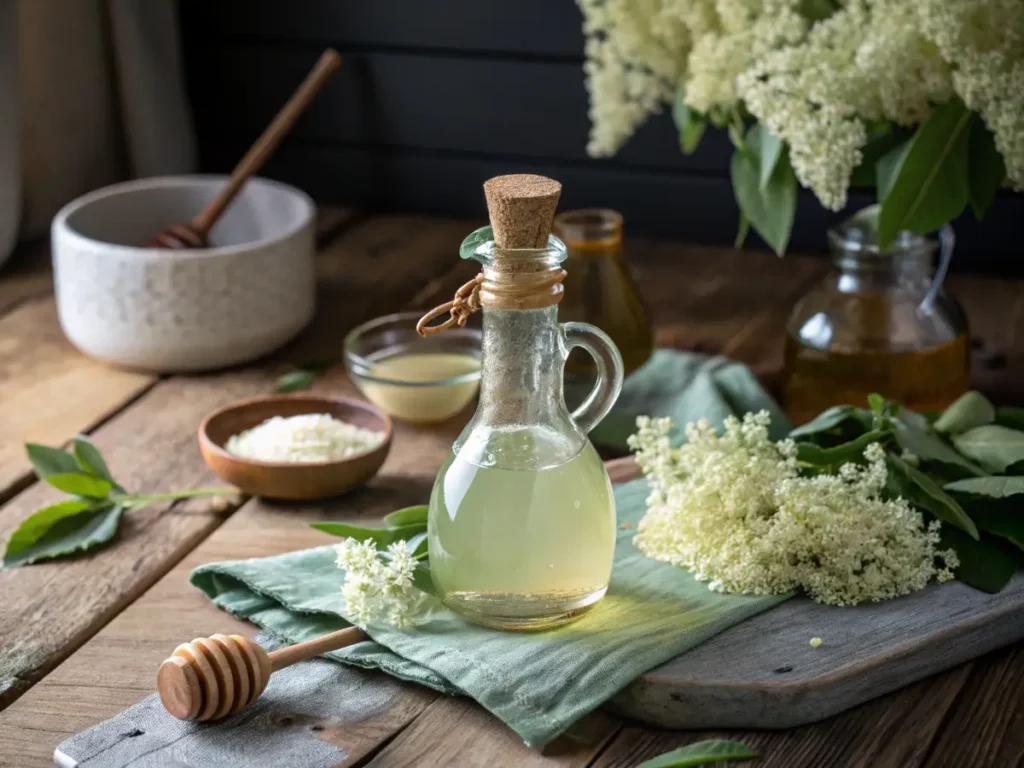 A bottle of homemade elderflower syrup on a rustic table.