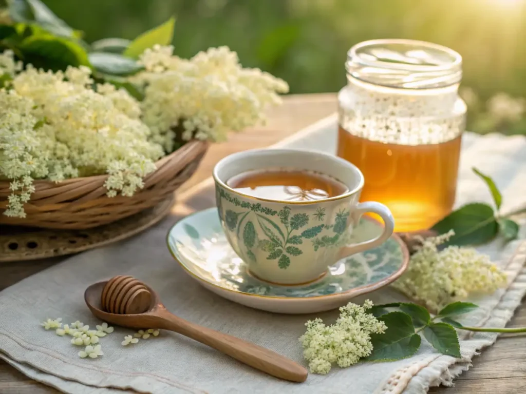 A steaming cup of elderberry flower tea with fresh elderflowers.