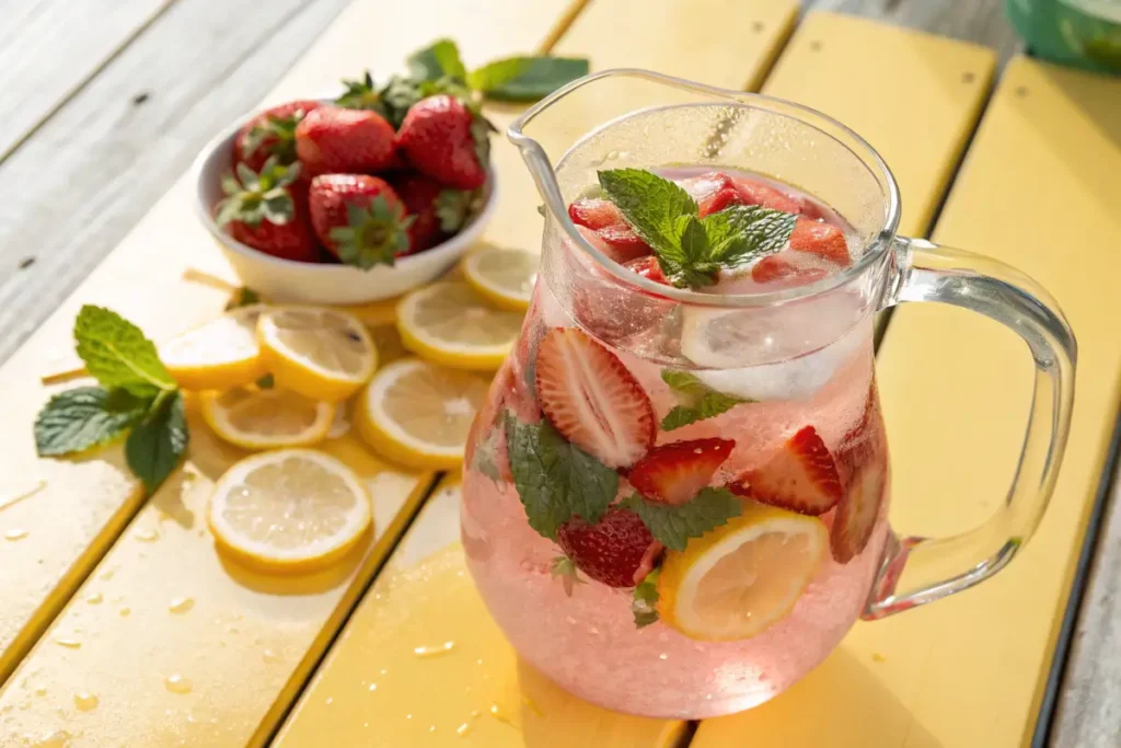 Glass pitcher of strawberry water with lemon and mint